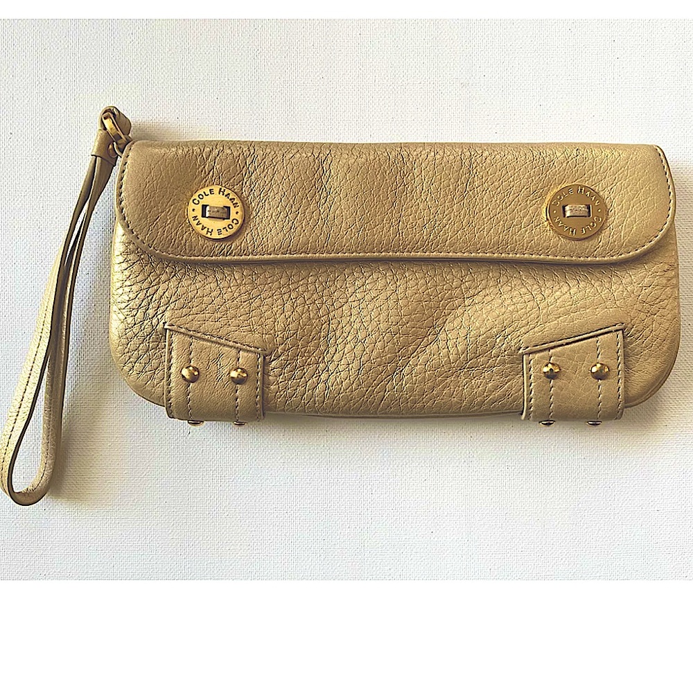 Cole Haan Gold Leather Studded Clutch Wristlet 8 1/2 by 4 1/2.